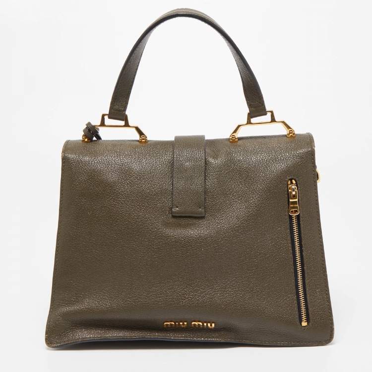 Pre Owned Miu Miu Dark Green Madras Leather Pushlock Flap Top Handle Bag