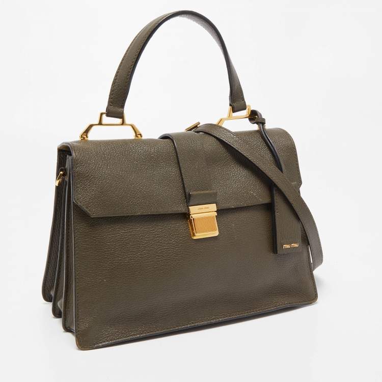 Pre Owned Miu Miu Dark Green Madras Leather Pushlock Flap Top Handle Bag