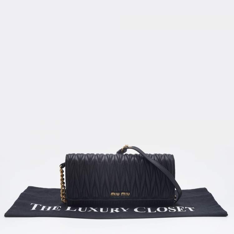 Pre Owned Miu Miu Black Matelassé Leather Flap Wallet on Chain