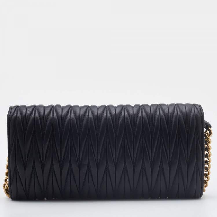 Pre Owned Miu Miu Black Matelassé Leather Flap Wallet on Chain