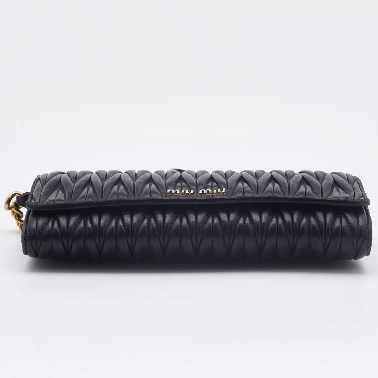 Pre Owned Miu Miu Black Matelassé Leather Flap Wallet on Chain