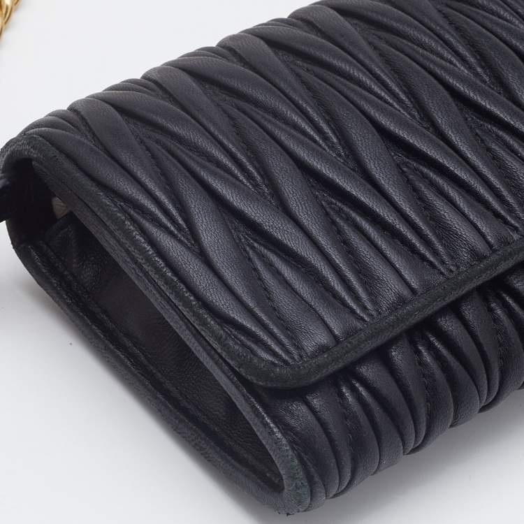 Pre Owned Miu Miu Black Matelassé Leather Flap Wallet on Chain