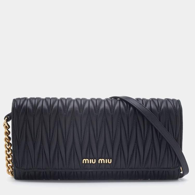 Pre Owned Miu Miu Black Matelassé Leather Flap Wallet on Chain