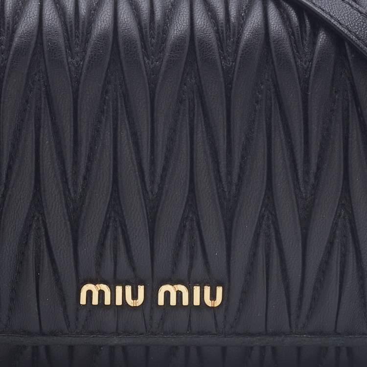 Pre Owned Miu Miu Black Matelassé Leather Flap Wallet on Chain
