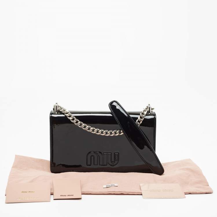 Pre Owned Miu Miu Black Patent Leather Logo Flap Chain Bag
