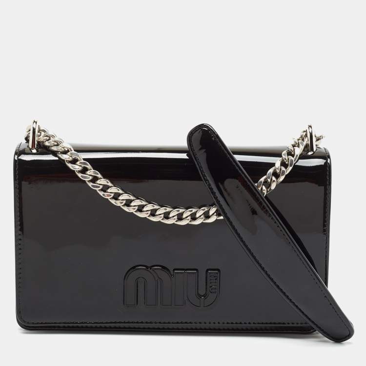 Pre Owned Miu Miu Black Patent Leather Logo Flap Chain Bag