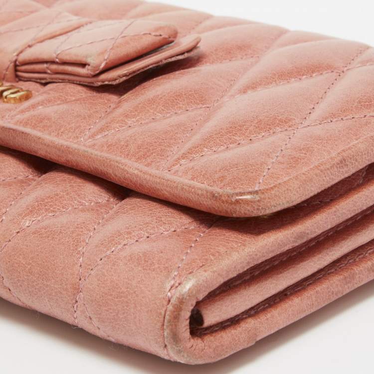 Pre Owned Miu Miu Peach Matelasse Leather Bow  Flap Continental Wallet