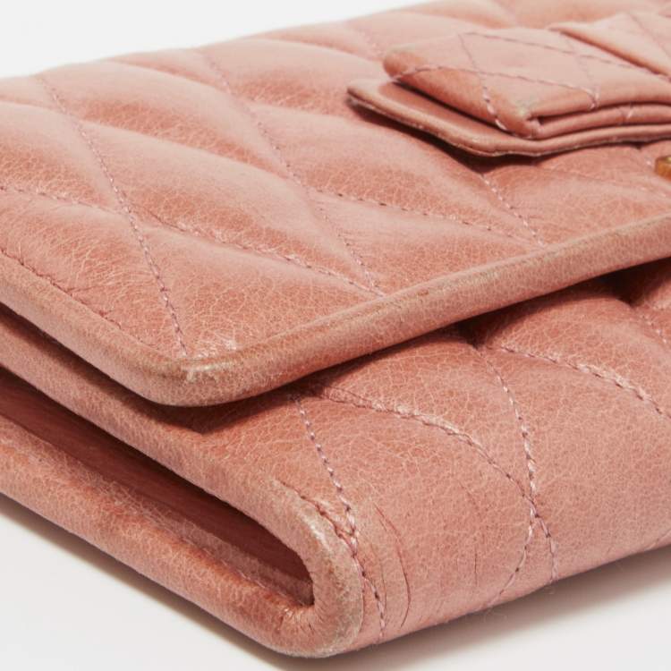 Pre Owned Miu Miu Peach Matelasse Leather Bow  Flap Continental Wallet