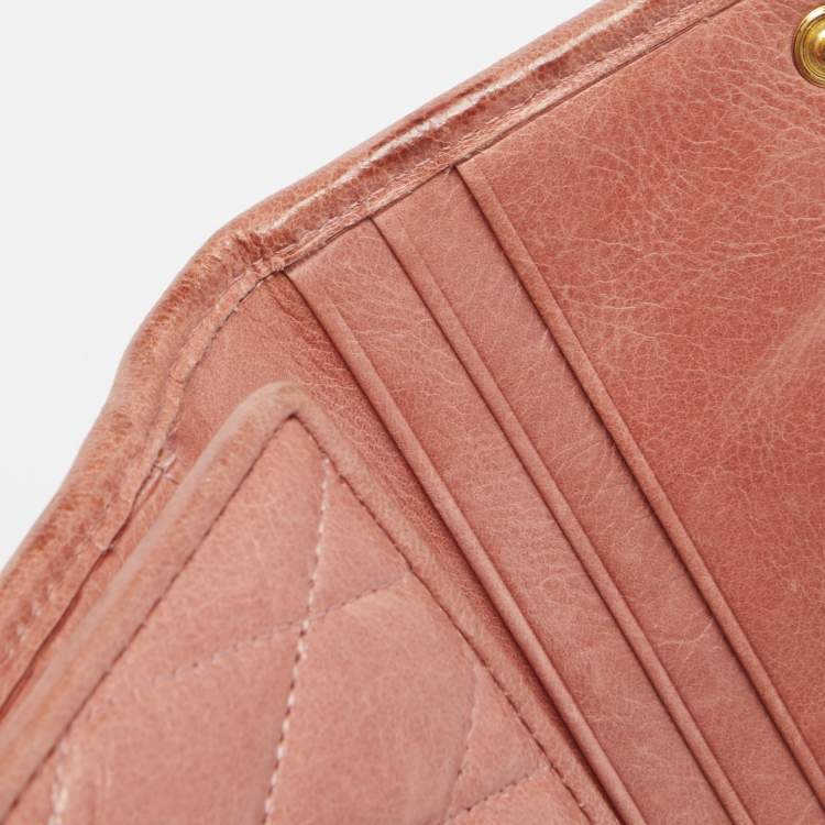 Pre Owned Miu Miu Peach Matelasse Leather Bow  Flap Continental Wallet