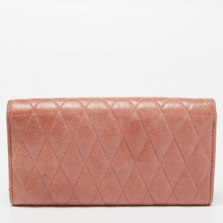 Pre Owned Miu Miu Peach Matelasse Leather Bow  Flap Continental Wallet
