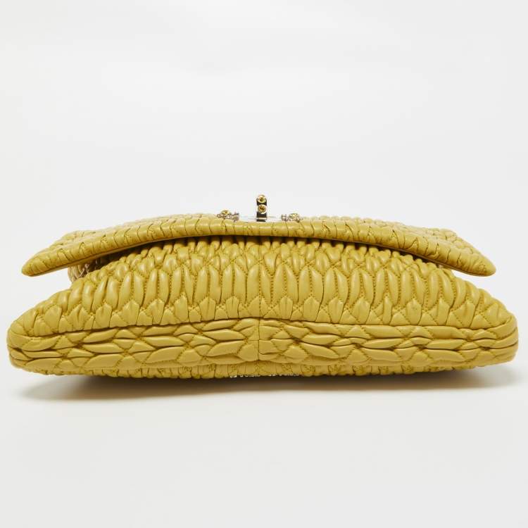 Pre Owned Miu Miu Yellow Matelasse Leather Crystal Flap Shoulder Bag