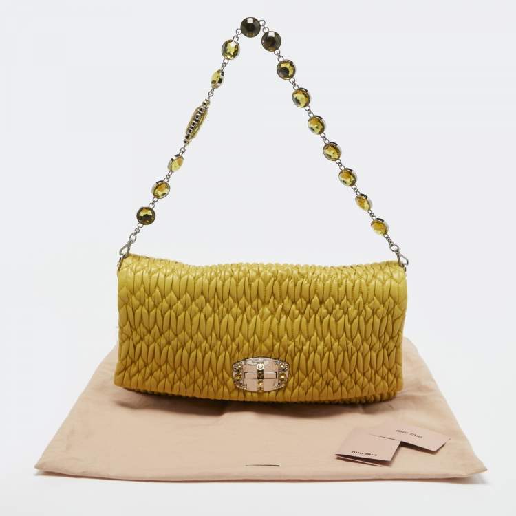 Pre Owned Miu Miu Yellow Matelasse Leather Crystal Flap Shoulder Bag
