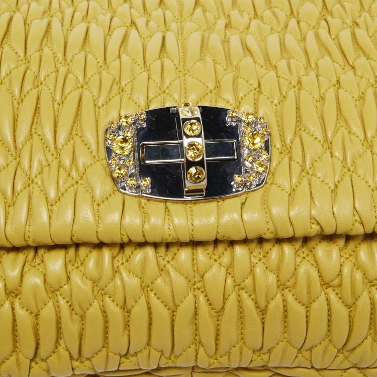 Pre Owned Miu Miu Yellow Matelasse Leather Crystal Flap Shoulder Bag
