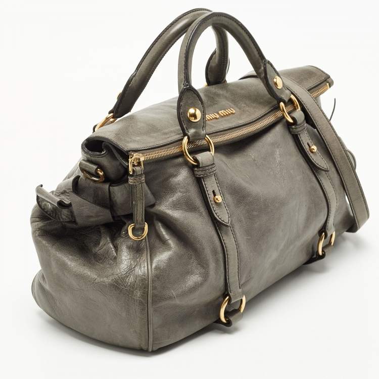 Pre Owned Miu Miu Grey Vitello Lux Leather Side Bow Bag