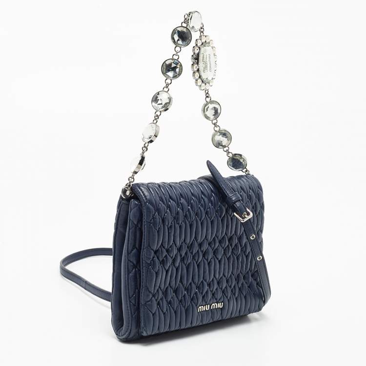 Pre Owned Miu Miu Navy Blue Matelasse Leather Crystals Chain Crossbody Bag