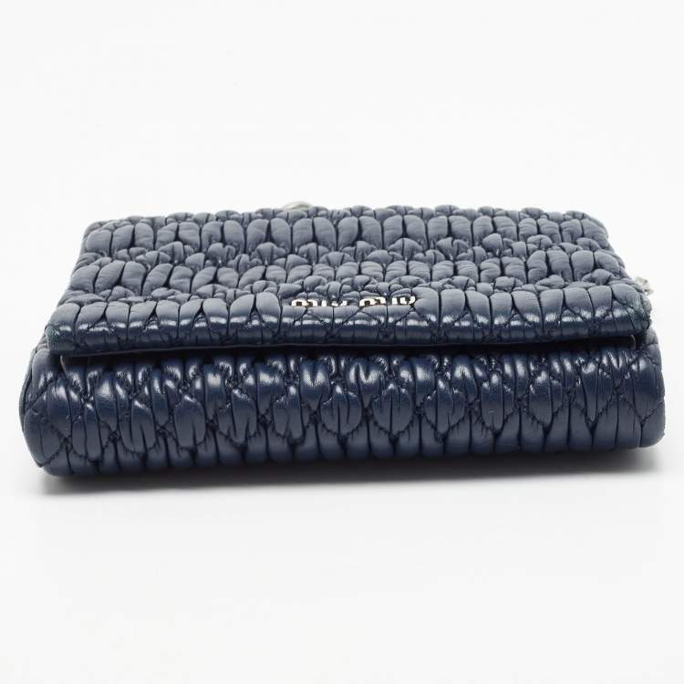 Pre Owned Miu Miu Navy Blue Matelasse Leather Crystals Chain Crossbody Bag
