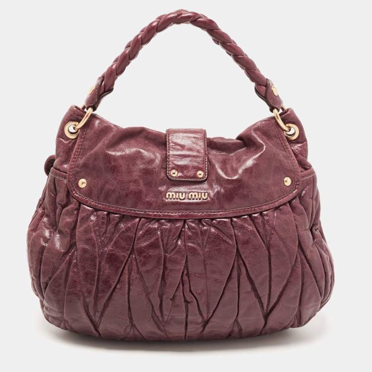 Pre Owned Miu Miu Burgundy Matelassé Leather Coffer Hobo