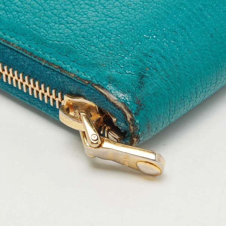 Pre Owned Miu Miu Green Leather Zip Around Wallet