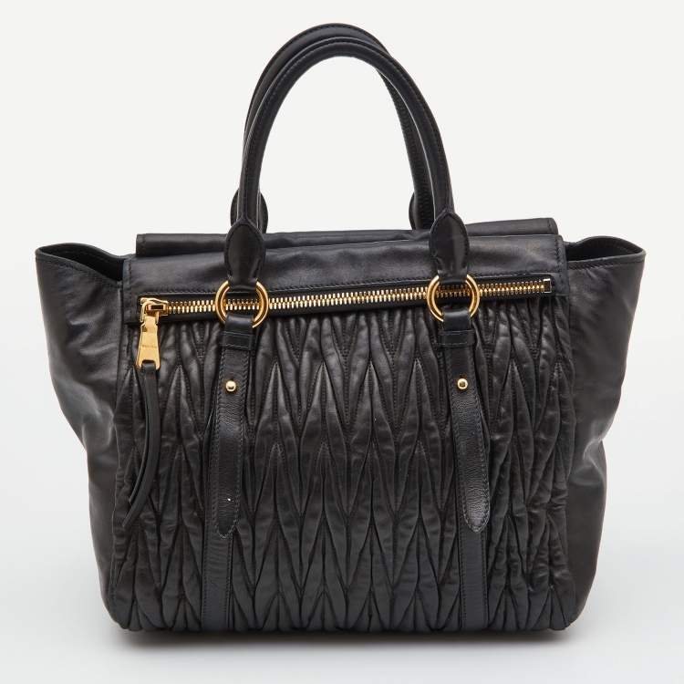 Pre Owned Miu Miu Black Matelasse Leather Fold Over Zip Tote