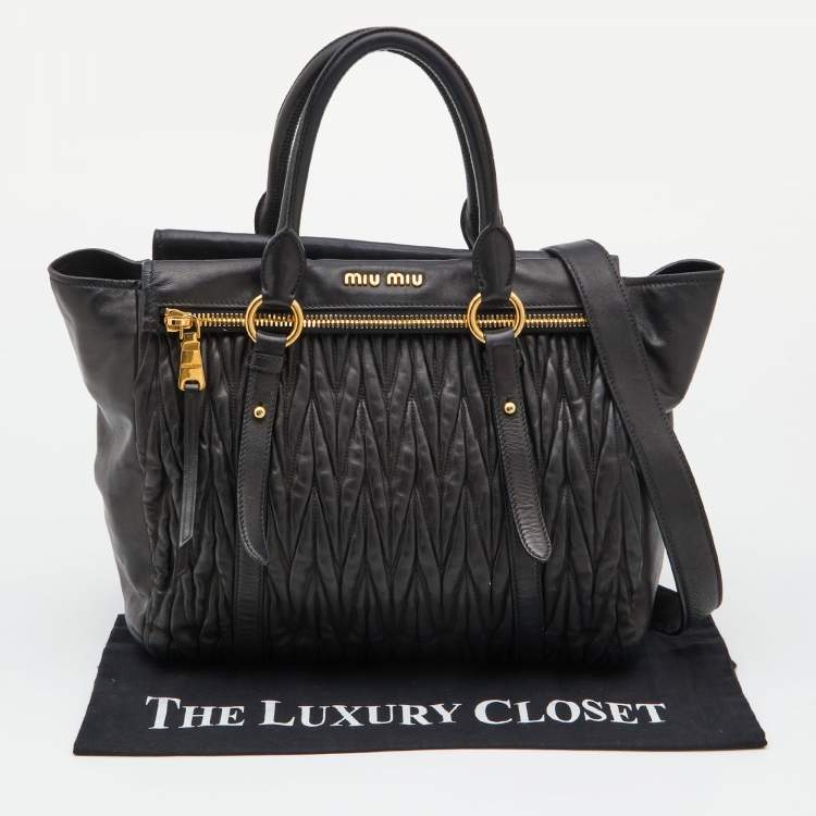 Pre Owned Miu Miu Black Matelasse Leather Fold Over Zip Tote