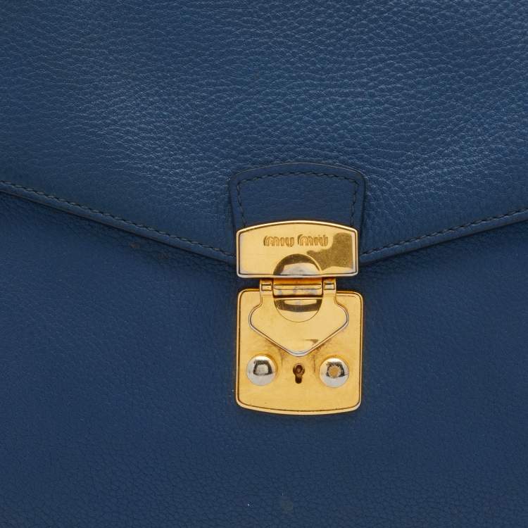 Pre Owned Miu Miu Blue Grained Leather Pushlock Top Handle Bag