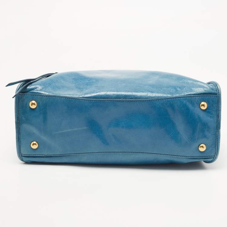 Pre Owned Miu Miu Blue Glazed Leather Front Zip Tote