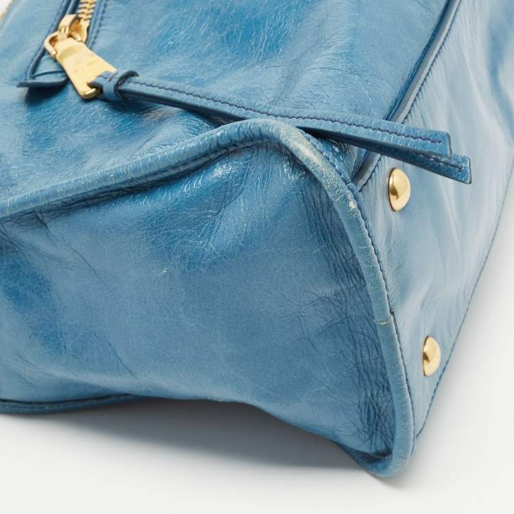 Pre Owned Miu Miu Blue Glazed Leather Front Zip Tote
