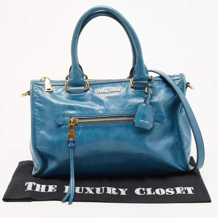 Pre Owned Miu Miu Blue Glazed Leather Front Zip Tote