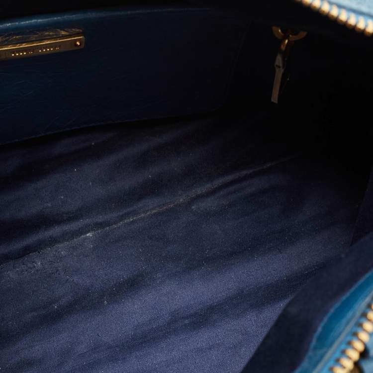 Pre Owned Miu Miu Blue Glazed Leather Front Zip Tote