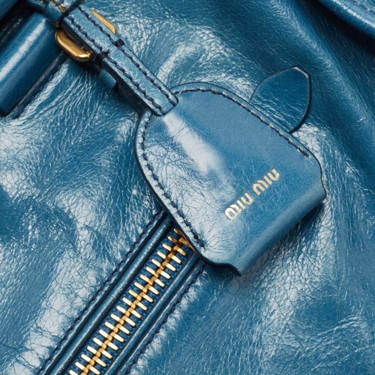 Pre Owned Miu Miu Blue Glazed Leather Front Zip Tote