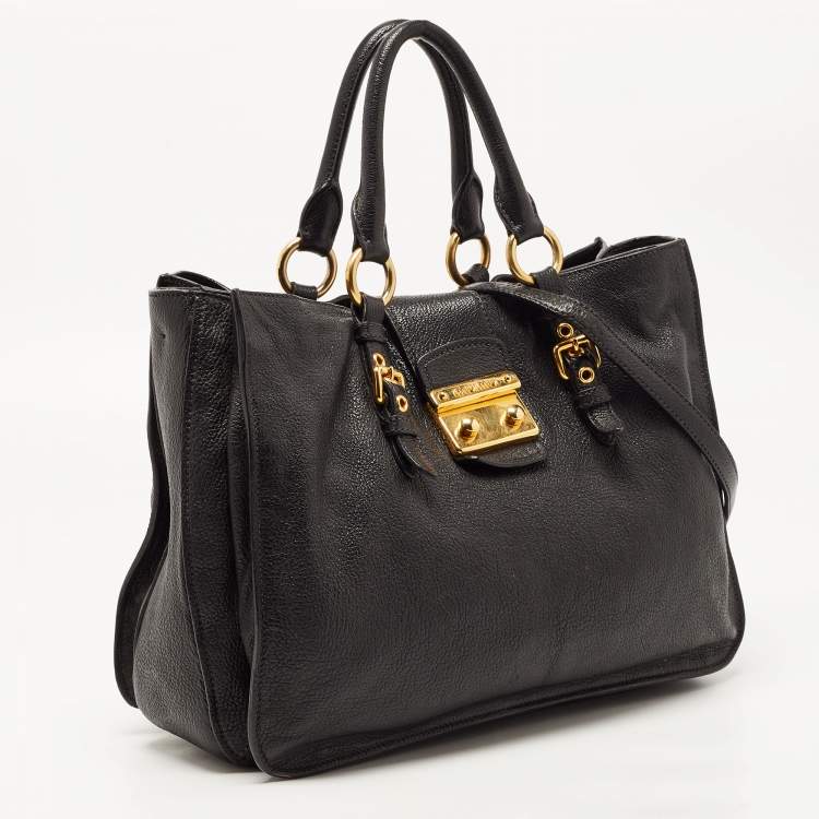 Pre Owned Miu Miu Black Madras Leather Pushlock Tote