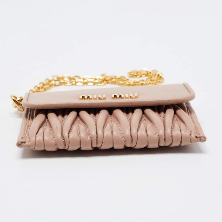 Pre Owned Miu Miu Light Pink Matelasse Leather Flap Card Case with Chain