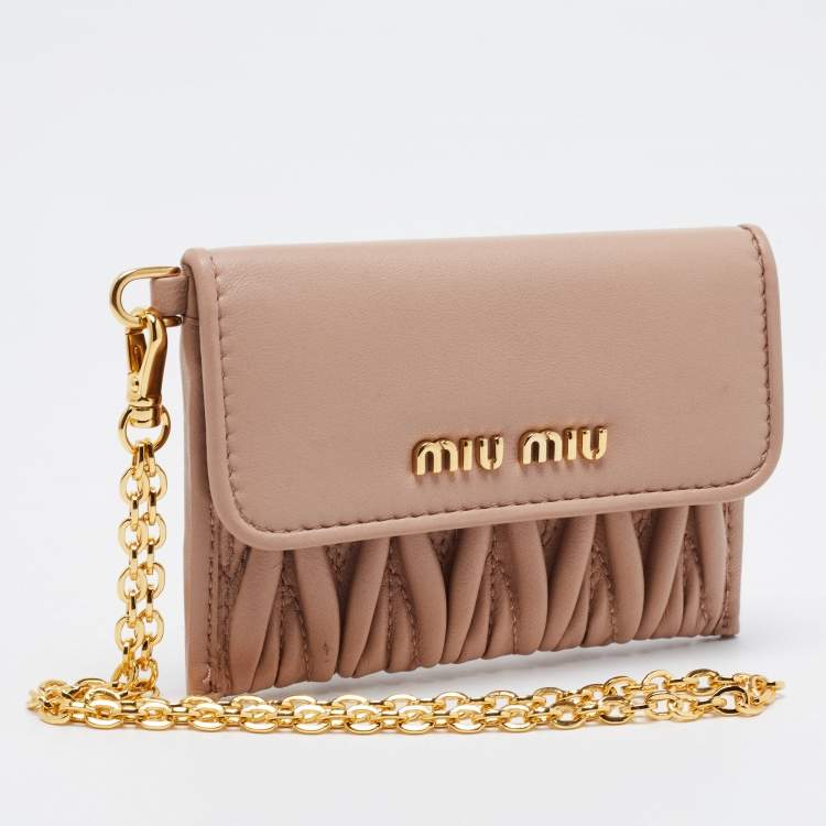 Pre Owned Miu Miu Light Pink Matelasse Leather Flap Card Case with Chain