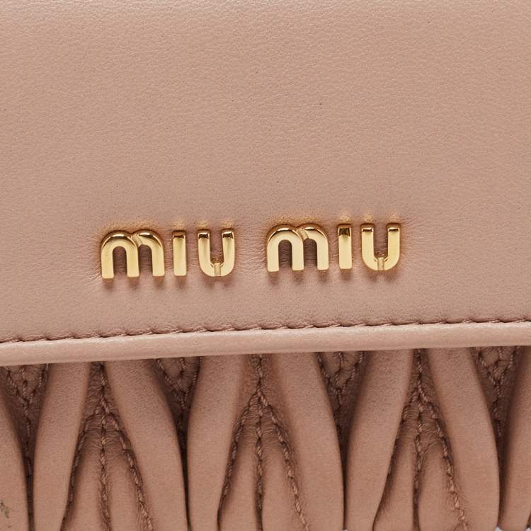 Pre Owned Miu Miu Light Pink Matelasse Leather Flap Card Case with Chain