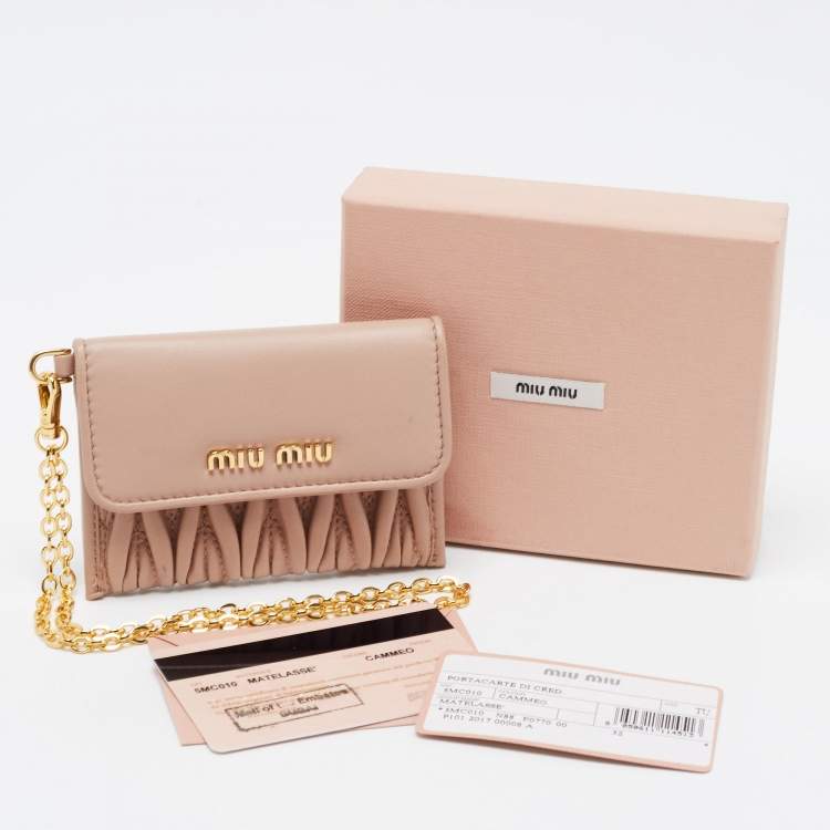 Pre Owned Miu Miu Light Pink Matelasse Leather Flap Card Case with Chain