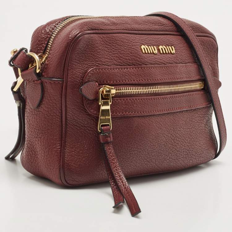 Pre Owned Miu Miu Burgundy Leather Double Zip Camera Crossbody Bag