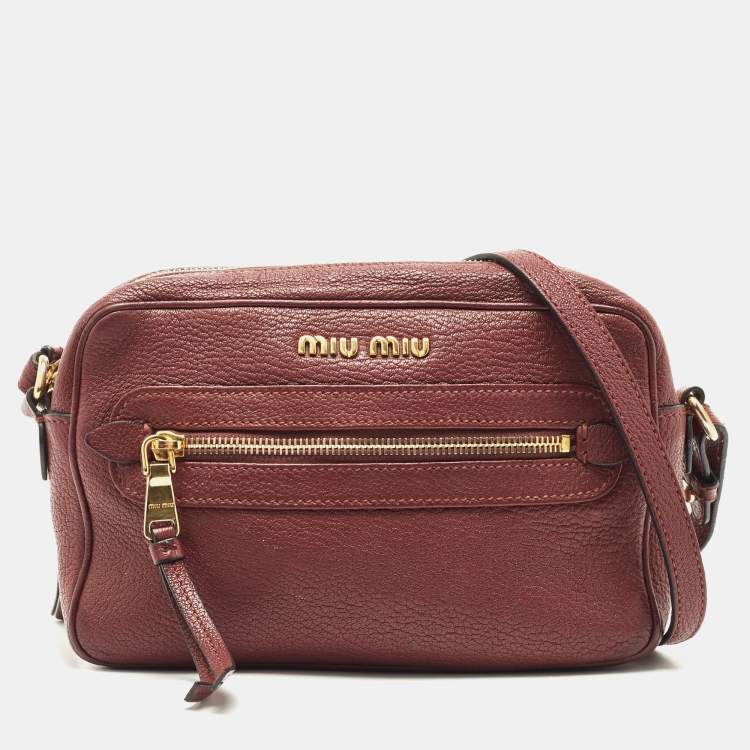 Pre Owned Miu Miu Burgundy Leather Double Zip Camera Crossbody Bag