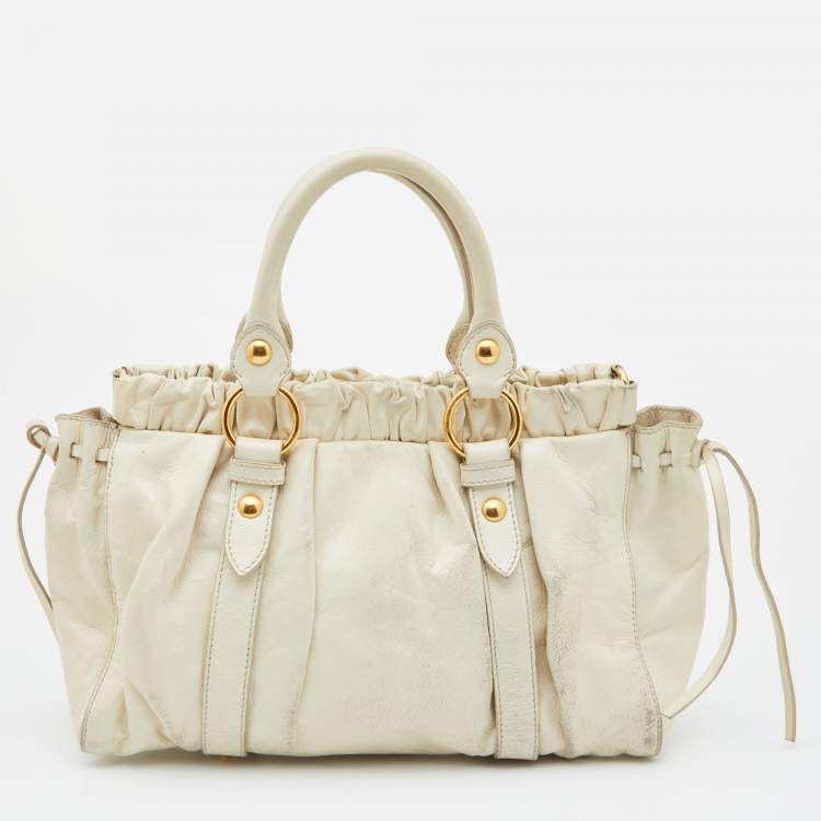 Pre Owned  Miu Miu Cream Vitello Gathered Leather Tote