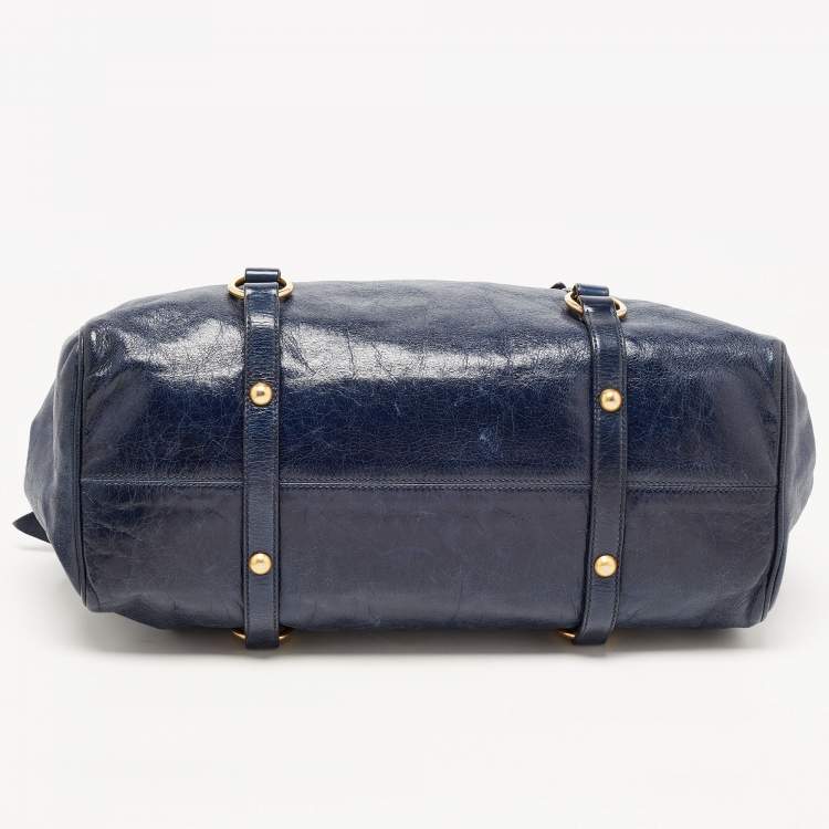 Pre Owned Miu Miu Dark Blue Vitello Lux Leather Bow Satchel