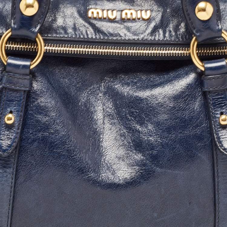 Pre Owned Miu Miu Dark Blue Vitello Lux Leather Bow Satchel