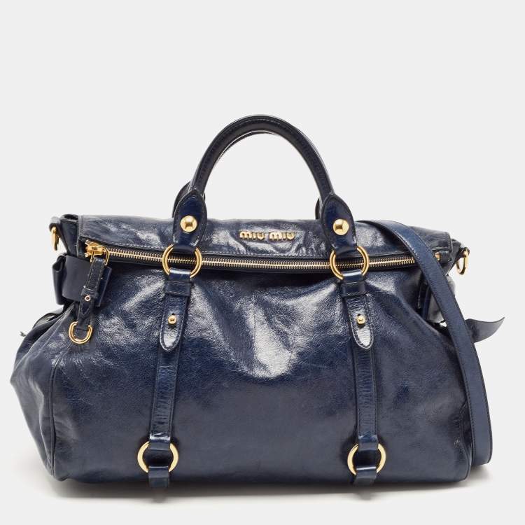 Miu Miu Blue Leather Vitello Lux Leather Bow Top Handle Bag Miu Miu