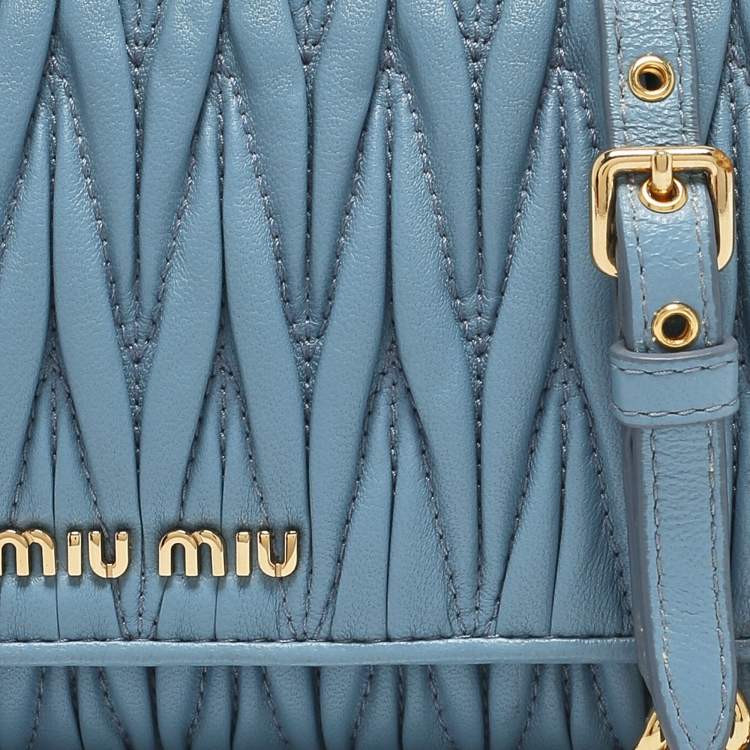 Pre Owned Miu Miu Blue Matelassé Leather Flap Wallet On Chain