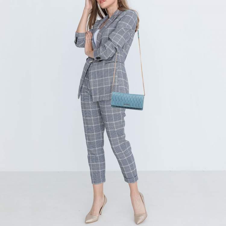 Pre Owned Miu Miu Blue Matelassé Leather Flap Wallet On Chain