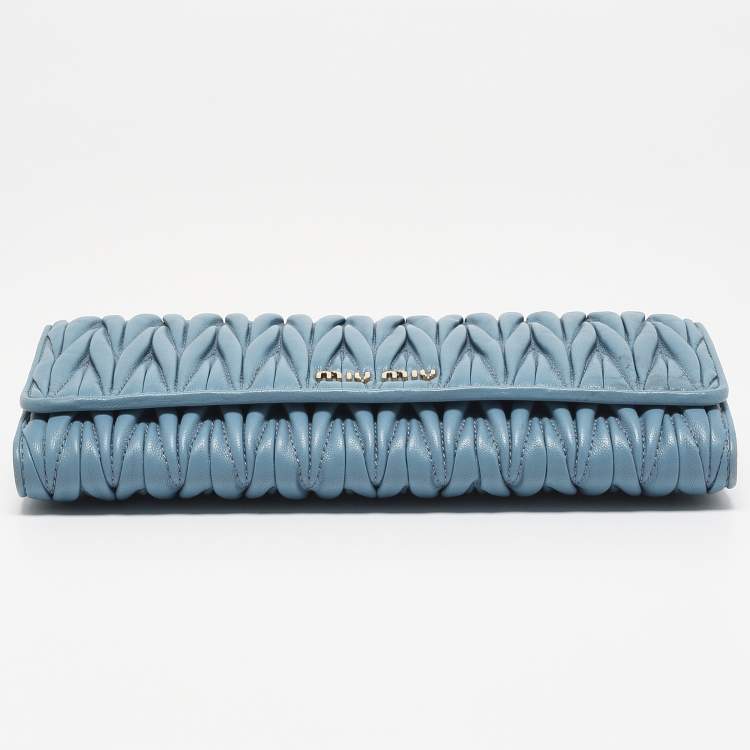 Pre Owned Miu Miu Blue Matelassé Leather Flap Wallet On Chain
