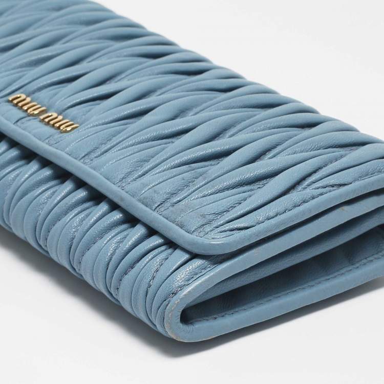 Pre Owned Miu Miu Blue Matelassé Leather Flap Wallet On Chain