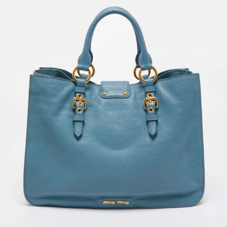 Pre Owned Miu Miu Light Blue Madras Leather Pushlock Tote