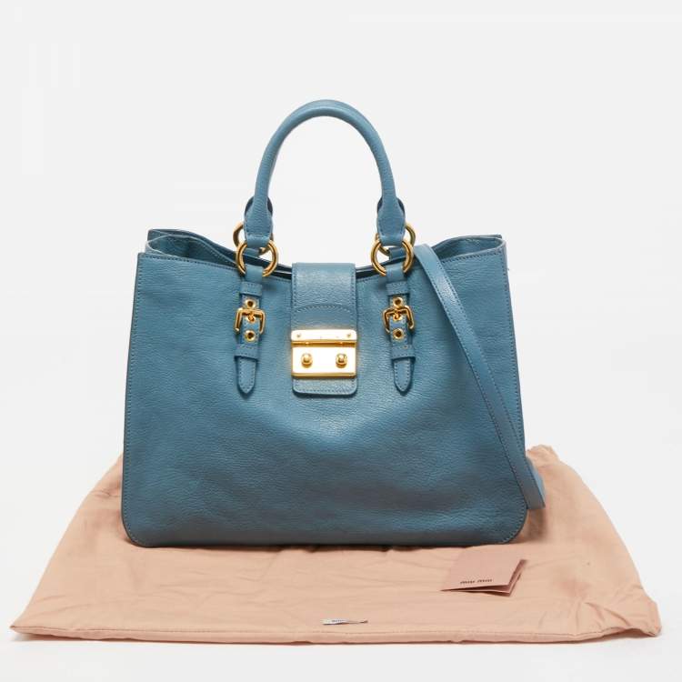 Pre Owned Miu Miu Light Blue Madras Leather Pushlock Tote