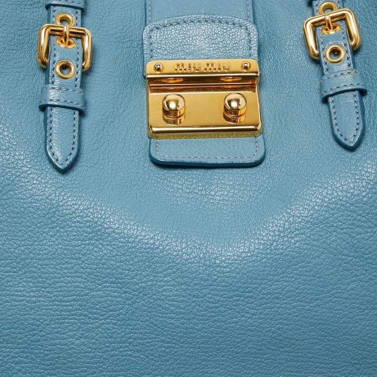 Pre Owned Miu Miu Light Blue Madras Leather Pushlock Tote