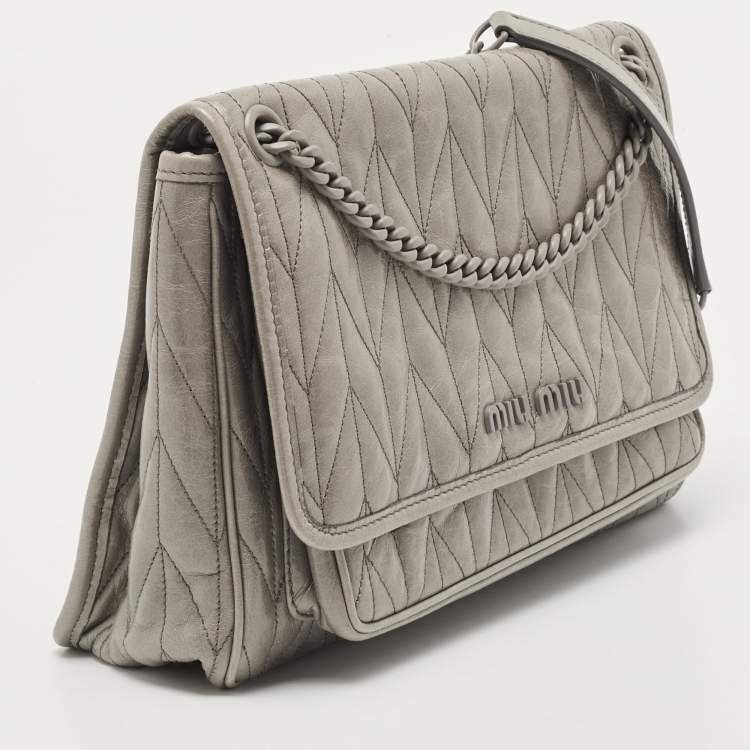 Pre Owned Miu Miu Grey Vitello Shine Leather Flap Shoulder Bag