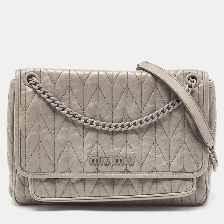Pre Owned Miu Miu Grey Vitello Shine Leather Flap Shoulder Bag